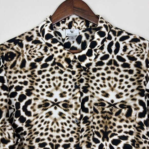 Worthington Silk Blouse Womens XL Brown Leopard Print Long Sleeve Button Up Top - Picture 3 of 10